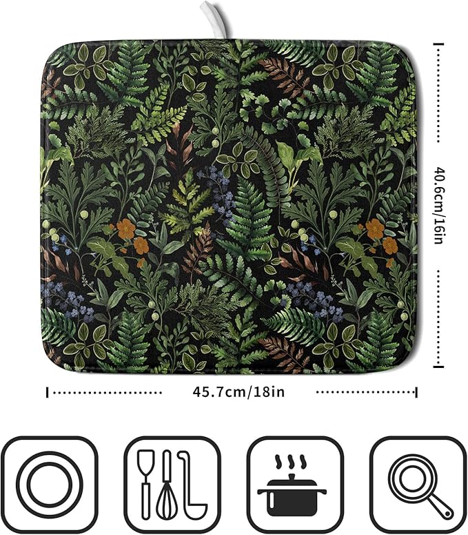 Black Sage Green Plant Dish Drying Mat for Kitchen Counter,Vintage Botanic Fern Leaves Floral Drying Mat 16 x 18 Inch with Absorbent Reversible Microfiber Drying Pad for Coffee Bar - Image 2