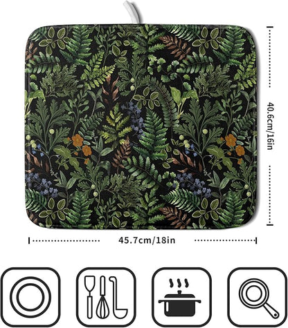 Black Sage Green Plant Dish Drying Mat for Kitchen Counter,Vintage Botanic Fern Leaves Floral Drying Mat 16 x 18 Inch with Absorbent Reversible Microfiber Drying Pad for Coffee Bar - Image 2