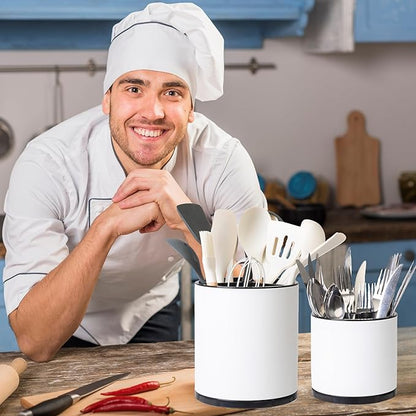 LIBODOUR Kitchen Utensil Holder Extra Large Rotating For Counter Organizer Stainless Steel Storage Cooking Silverware Caddy 3 Compartment Flatware Spoon Spatula Tool Cutlery Container(2 Set White) - Image 3