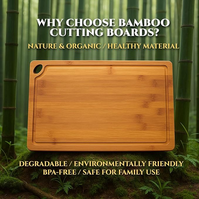 Bamboo Cutting Board 3-Piece Set with Juice Grooves – Non-Slip Wooden Chopping Boards for Kitchen & Housewarming Gfit, Multi-Size Serving Tray for Meat, Vegetables, Fruits - Image 7