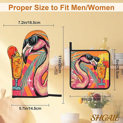 Cool Flamingo Oven Mitts and Heat Resistant Pads - Heat Resistant Gloves Potholder Set of 4 for Cooking, BBQ, Gifts for Women