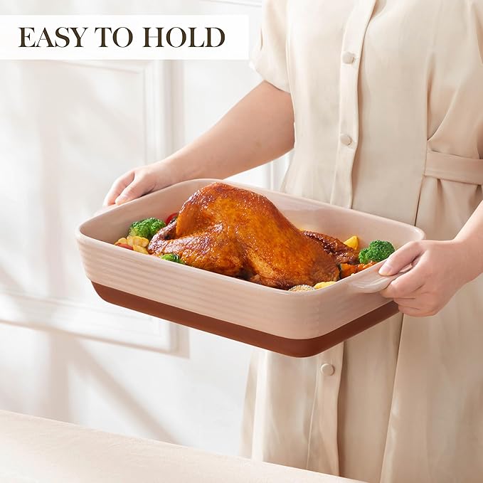 MALACASA 4.8 Qt Ceramic Oven Dish with Handles, 9 x 13 Inch Baking Dish Casserole Dishes, Deep Rectangular Lasagne Dishes Bakeware for Roasting (Khaki & Pink), Series TARA - Image 6