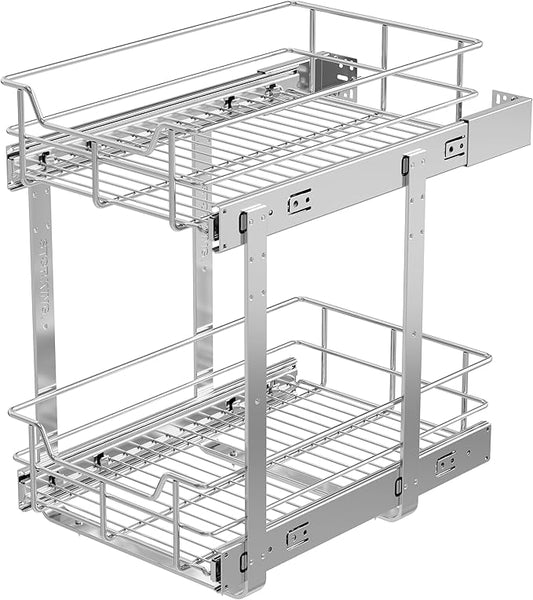 2 Tier Pull Out Cabinet Organizer 11" W X 17" D, Slide Out Drawers for Kitchen Cabinets, Pull Out Drawers for Cabinets Capacity Heavy Duty Caddy, Cabinet Pullout Shelves Chrome-Plated,Bathroom Pantry by STORKING
