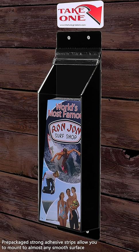 Outdoor Brochure Holder Holds 4" x 9" Rack Cards Black and Clear Acrylic Wall Mount Pamphlets Box with Lid and Take One Sticker and Adhesive Strips by Marketing Holders