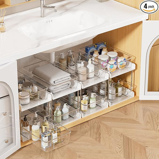 Vtopmart 4 Pack Bathroom Organizer, 2 Tier White Under Sink Organizers Vanity Countertop Storage Container,Cabinet Drawers Bins, Pull-Out Organization with Track for Pantry, Kitchen by Vtopmart