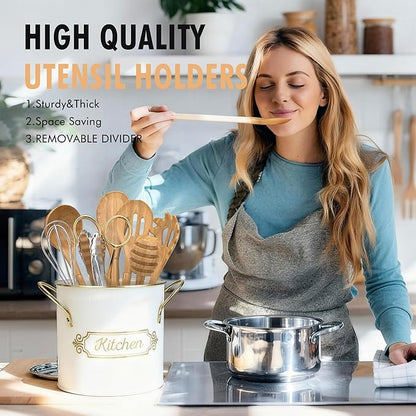 Kitchen Utensil Holder, 5.1" Metal Cooking Utensil Crock with with Removable Divider, Modern Farmhouse Kitchen Decor, Countertop Utensil Organizer for Spoons Cooking Tools