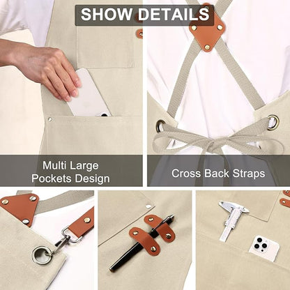 ZOMAO Chef Apron for Women Men with Large Pockets, Cotton Canvas Cross Back Waterproof Work Aprons for Kitchen Cooking Bib