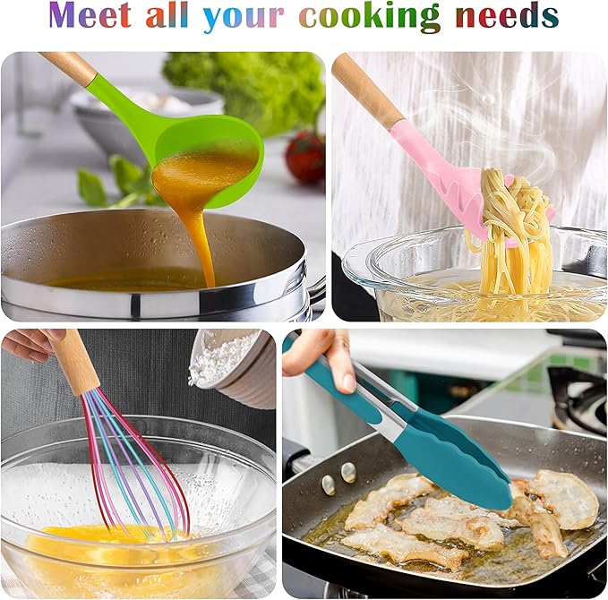 E-far Silicone Cooking Utensils Set, 10-Piece Kitchen Utensils Set with Wooden Handle for Nonstick Cookware, Heat Resistant Kitchen Nonstick Tools Spatula Whisk Ladle, Non-toxic & Healthy - Colorful - Image 5