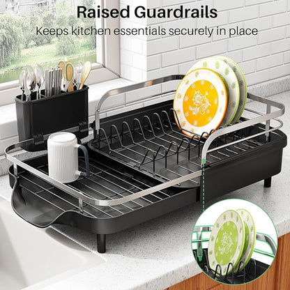 SAYZH Dish Drying Rack - Expandable Dish Rack for Kitchen Counter, Rust-Resistant Dish Drainer with Utensil Holder and Raised Guardrail, Kitchen Organizer for Cup and Bottle (Black) - Image 5