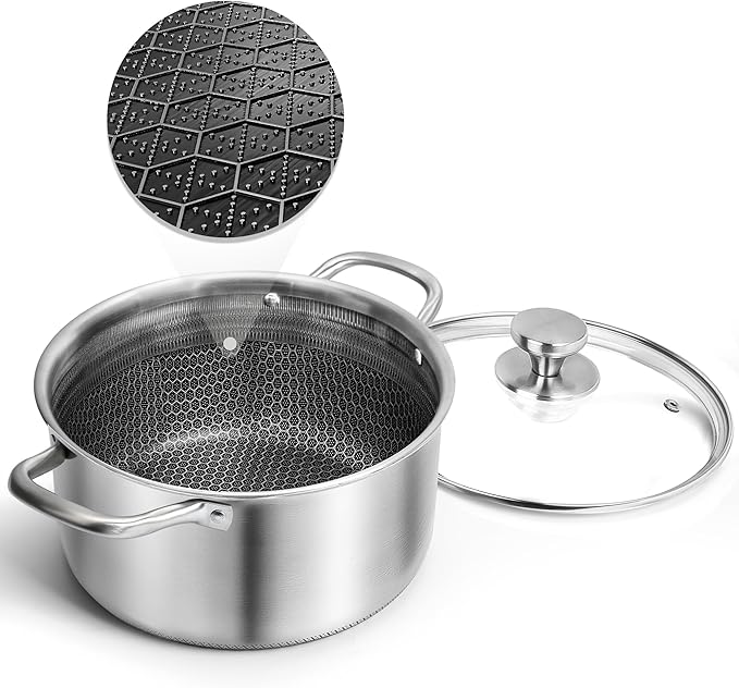 AuFranc™ Hybrid Nonstick 6 Quart Stainless Steel Stockpot with Glass Lid, Induction Stock Pot with Honeycomb Carving, Non-stick Soup Pot Compatible with All Cooktops, Non-Toxic, Dishwasher & Oven Safe by Aufranc