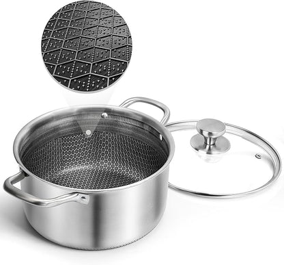 AuFranc™ Hybrid Nonstick 6 Quart Stainless Steel Stockpot with Glass Lid, Induction Stock Pot with Honeycomb Carving, Non-stick Soup Pot Compatible with All Cooktops, Non-Toxic, Dishwasher & Oven Safe by Aufranc