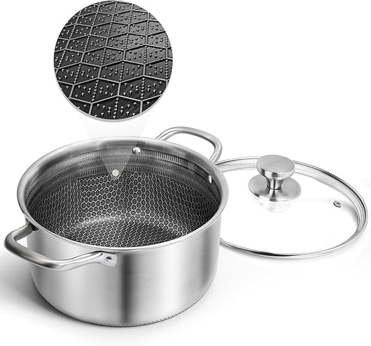 AuFranc™ Hybrid Nonstick 6 Quart Stainless Steel Stockpot with Glass Lid, Induction Stock Pot with Honeycomb Carving, Non-stick Soup Pot Compatible with All Cooktops, Non-Toxic, Dishwasher & Oven Safe by Aufranc