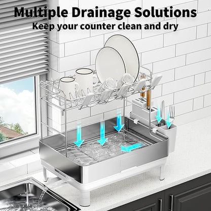 Ewaiira Dish Drying Rack, 2 Tier Large Dish Rack, Stainless Steel Dish Drainer for Kitchen Counter, Dishes Rack with Automatic Drainage, Utensil Holder&Cups Holder,Space Saving Kitchen Organizer,White - Image 4