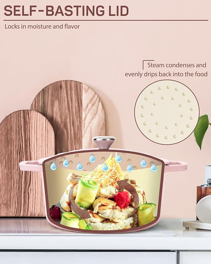 Ciwete Enameled Cast Iron Dutch Oven – 4.4 Quart Pot with Lid & Potholders – Heavy-Duty Cookware for Bread Baking, Braising, Stews & Roasting – Oven & Stovetop Safe up to 500°F – Pink