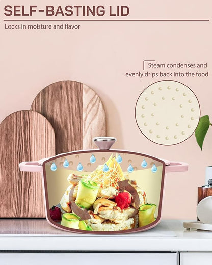 Ciwete Enameled Cast Iron Dutch Oven – 4.4 Quart Pot with Lid & Potholders – Heavy-Duty Cookware for Bread Baking, Braising, Stews & Roasting – Oven & Stovetop Safe up to 500°F – Pink