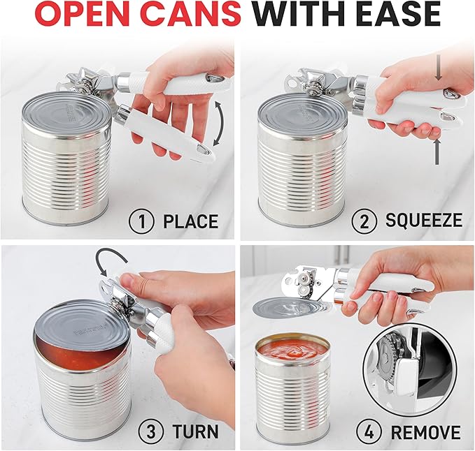 Zulay Kitchen Heavy Duty Stainless Steel Can Opener Manual with Large Bottle Opener - Manual Can Opener with Turn Knob with Soft Grip Handles - White - Image 6