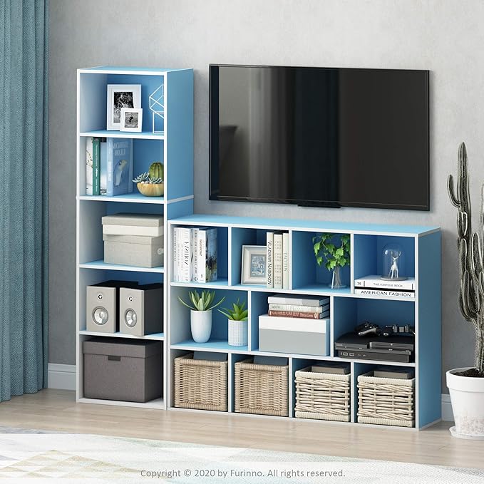 Furinno LUDER Book Shelf, 5-Tier Bookshelf, Bookcase with Open Shelves, 9.4 x 15.8 x 52, Easy Assembly, for Living Room, Bedroom, Home Office, White/Light Blue - Image 2