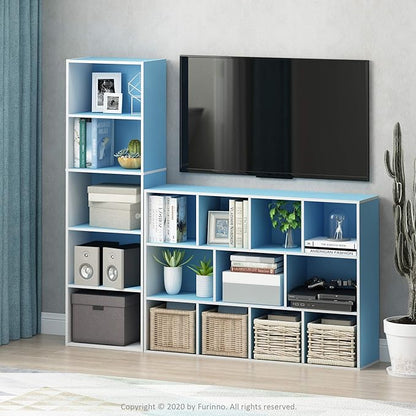 Furinno LUDER Book Shelf, 5-Tier Bookshelf, Bookcase with Open Shelves, 9.4 x 15.8 x 52, Easy Assembly, for Living Room, Bedroom, Home Office, White/Light Blue - Image 2
