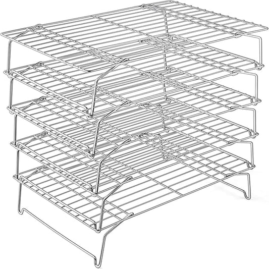 P&P CHEF Cooling Rack, 5-Tier Stainless Steel Stackable Baking Cooking Racks for Cooling Roasting Grilling, Collapsible & Heavy Duty, Oven Safe & Easy Clean, 16.5" x 11.4", Silver