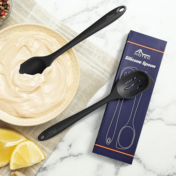 HOTEC Heat Resistant Silicone Cooking Spoon Spatula, Large Kitchen Solid and Slotted Spoons for Mixing, Serving, Scraping, Non-stick, Dishwasher Safe Black 12.5inch - Image 6