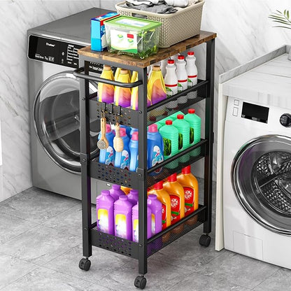 Vivihomety Utility Slim Storage Cart with Wheels, 4-Tier Narrow Rolling Organizer Shelf with Wood Top, Metal Storage Rack and Space-Saving Organizer for Bathroom, Kitchen, Laundry Room, Small Spaces by EndlessStorage