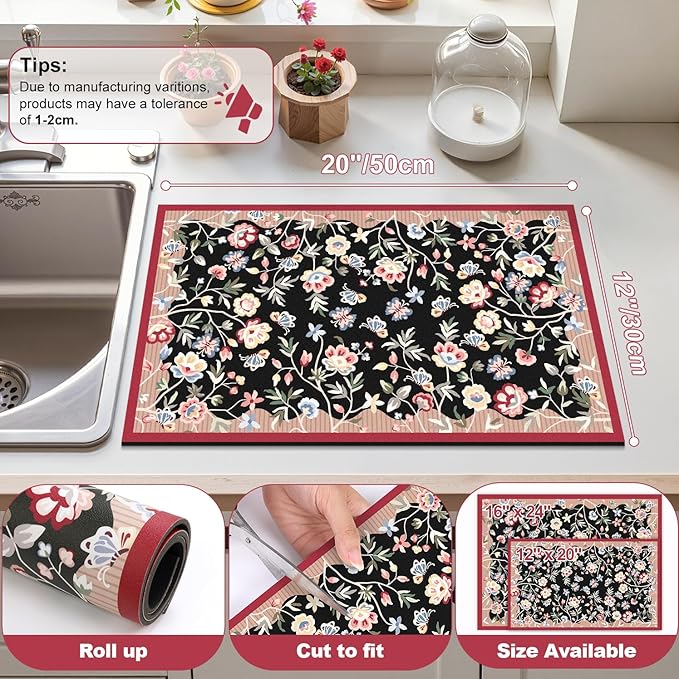 LOKHOM Floral Dish Drying Mat, 12"x20" Super Absorbent Non-slip Bordered Coffee Mat with Oil Painting Black Floral, Cuttable Hide Stain Drying Mat for Kitchen Counter Coffee Maker Espresso Machine - Image 2