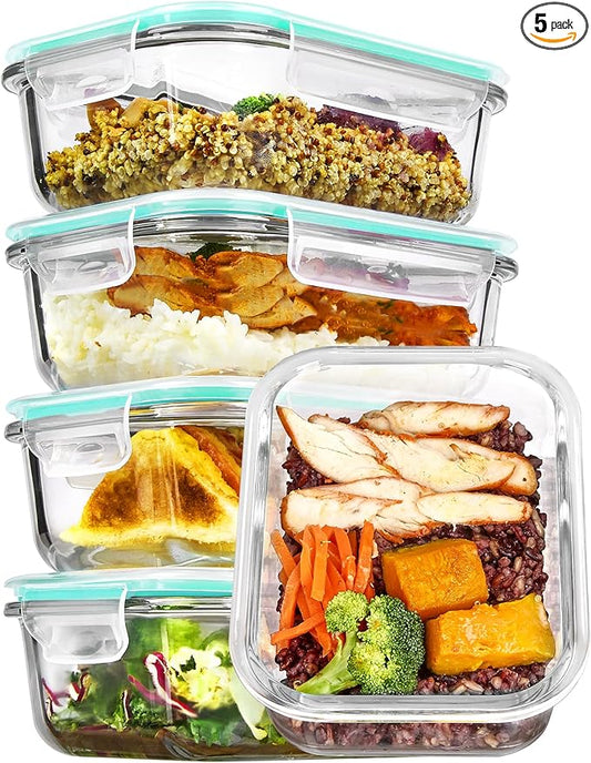 Vtopmart 5Pack 22oz Glass Storage Containers with Lids, Glass Meal Prep Food Container Sets with Snap Airtight Lids for Microwave, Oven, Freezer and Dishwasher, Green by Vtopmart