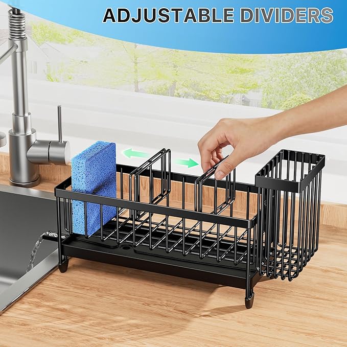 Cisily Sponge Holder for Kitchen Sink, Sink Caddy Organizer with High Brush Holder, Kitchen Countertop Organizers and Storage Essentials, Rustproof 304 Stainless Steel (Black, 9.25″) - Image 4