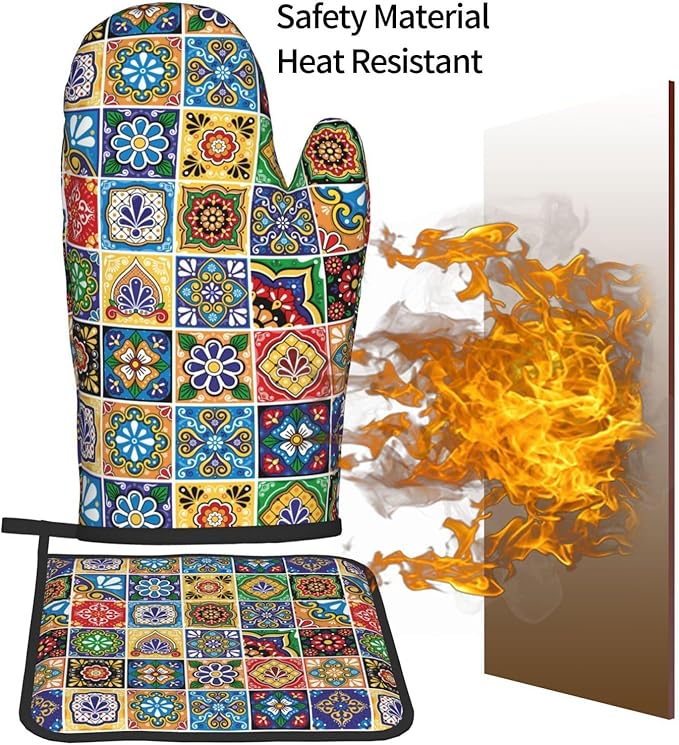 Mexican Talavera Tile Oven Mitts and Pot Holders Sets of 3, Heat Resistant Non-Slip Polyester Colorful Talavera Kitchen Gloves Gifts for Cooking Lovers, Vibrant Kitchen Decor for Baking BBQ Cooking - Image 7