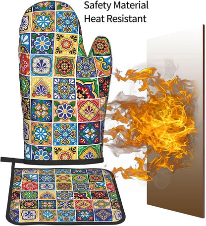 Mexican Talavera Tile Oven Mitts and Pot Holders Sets of 3, Heat Resistant Non-Slip Polyester Colorful Talavera Kitchen Gloves Gifts for Cooking Lovers, Vibrant Kitchen Decor for Baking BBQ Cooking - Image 7