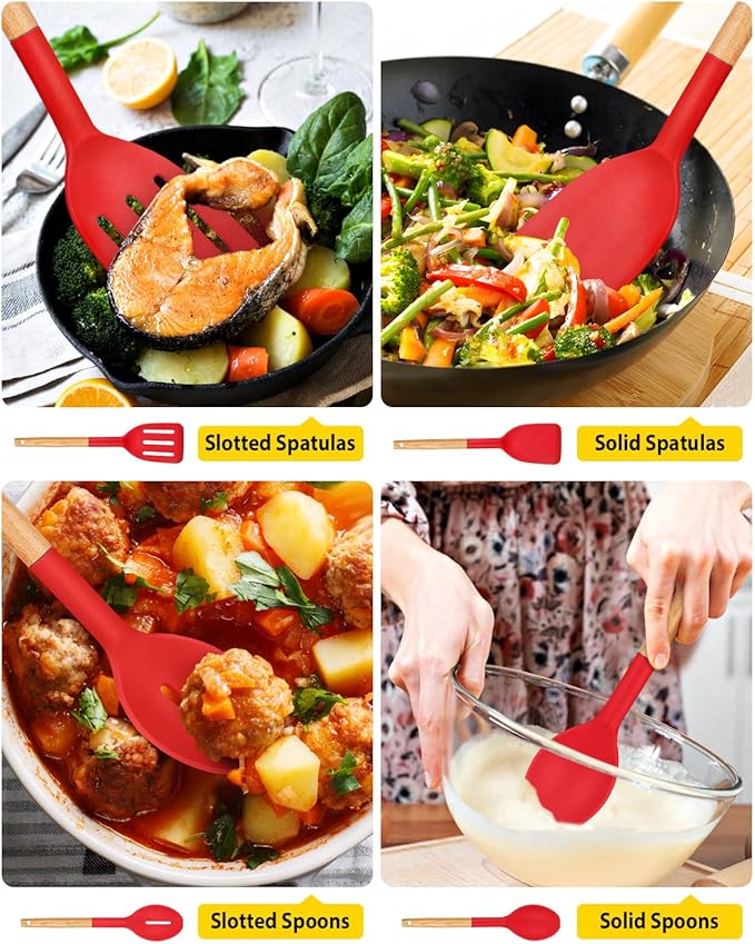 Pack of 4 Silicone Cooking Utensils Set, Non Stick Solid Spatulas and Heat Resistant Slotted Spoons with Wooden Handle, Ideal Wood Kitchen Utensils Set for Frying,Serving,Turning,Stirring (RED) - Image 5
