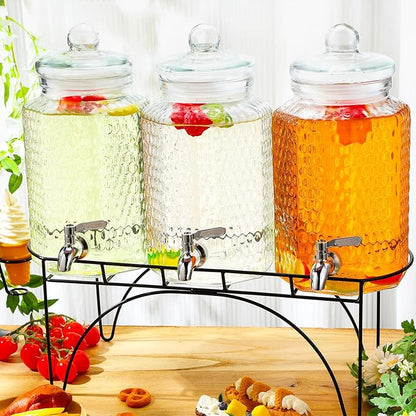 3 Pcs 1 Gallon Beverage Dispensers Glass Drink Dispenser with Stand Large Clear Drink Containers for Parties Glass Jug with Spigot and Lid for Party Bar Juice Lemonade Punch Water Tea