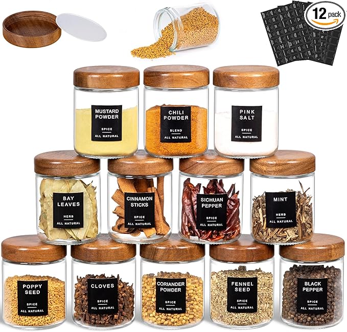 Yangbaga 12Pcs Glass Spice Jars with Labels-8oz Acacia Wood Lid Square Spice Containers,Seasoning Jars for Rack Cabinet Drawer,KitchenPantry Daily Use by Hanber