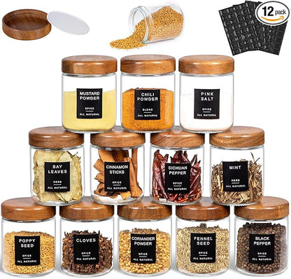Yangbaga 12Pcs Glass Spice Jars with Labels-8oz Acacia Wood Lid Square Spice Containers,Seasoning Jars for Rack Cabinet Drawer,KitchenPantry Daily Use by Hanber