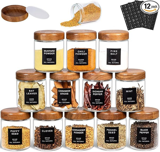 Yangbaga 12Pcs Glass Spice Jars with Labels-8oz Acacia Wood Lid Square Spice Containers,Seasoning Jars for Rack Cabinet Drawer,KitchenPantry Daily Use by Hanber