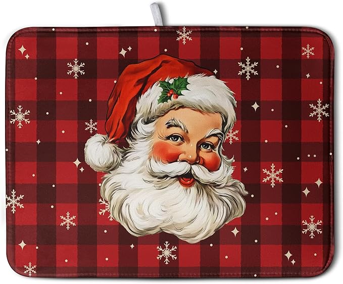 Santa Claus Christmas Dish Drying Mat Xmas Red and Black Buffalo Plaid Snowflake Drying Mats Winter Holiday Dishes Drying Pad Microfiber Absorbent Dish Drainer Rack Mat 18x24 Inch by Kwlegh