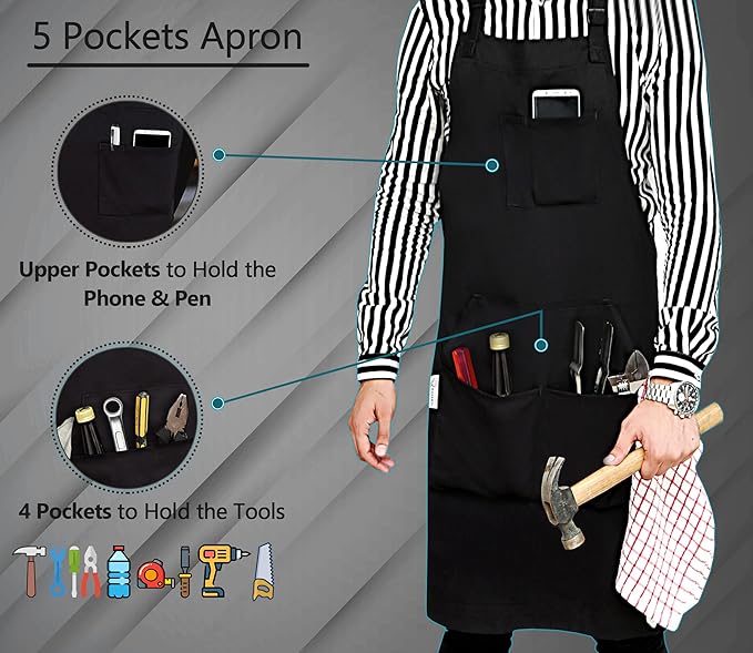 RUVANTI Work Aprons for Men/Women with Pockets - Adjustable up to XXL - Professional Grade Durability - Black Apron for Barber, Chef, BBQ, Kitchen, Cleaning - 1 Pack