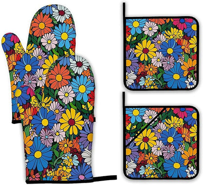 Abstract Hippie Flower Oven Mitts and Pot Holders,Heat Resistant Oven Mitts Gloves and Pot Holder for Home Kitchen Decorations Cooking Baking BBQ Gifts,Set of 4