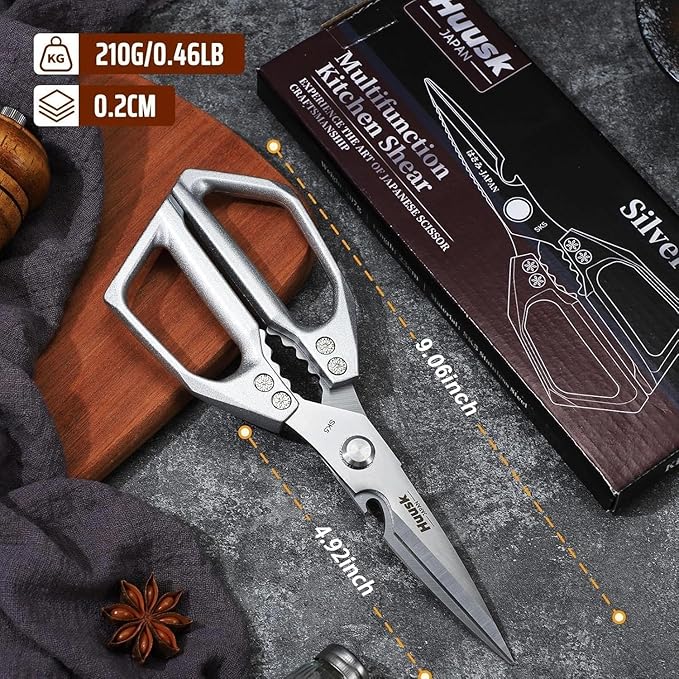 HUUSK Kitchen Scissors All Purpose - Stainless Steel Kitchen Shear, Sharp Silver Meat Scissors Dishwasher Safe, Heavy Duty Poultry Shears, Japanese Cooking Scissor for Food, Christmas Gifts for Women - Image 7