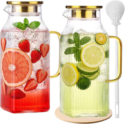 2 Pack 68oz/2 Liter Square Glass Pitcher with Handle and Lid, Classic Stripes Glass Water Pitcher with Handle for Fridge, Iced Tea, Coffee, Borosilicate Glass Carafe for Hot/Cold Brew Drink
