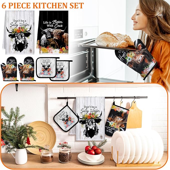 Bencailor 6 Pcs Cattle Kitchen Towels Oven Mitts and Pot Holders Set Decorative Dish Towels Tea Washcloth Non Slip Heat Resistant Oven Gloves for Summer Home Cooking Baking, Retro Color - Image 2