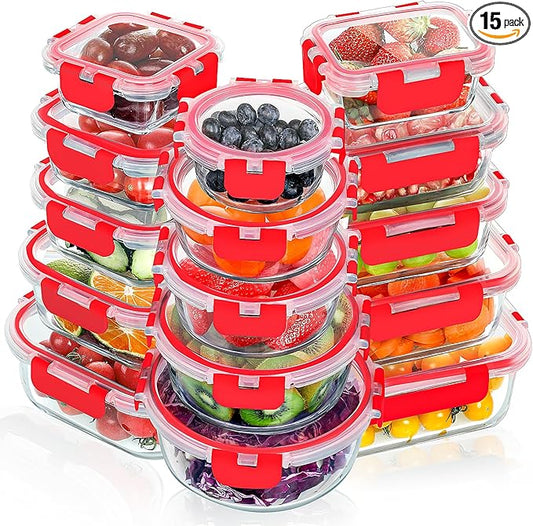 VERONES 30 Pieces Glass Meal Prep Containers Set, Stackable Glass Food Storage Containers with Lids-Airtight Lunch Containers，for Microwave, Oven, Freezer & Dishwasher,Red