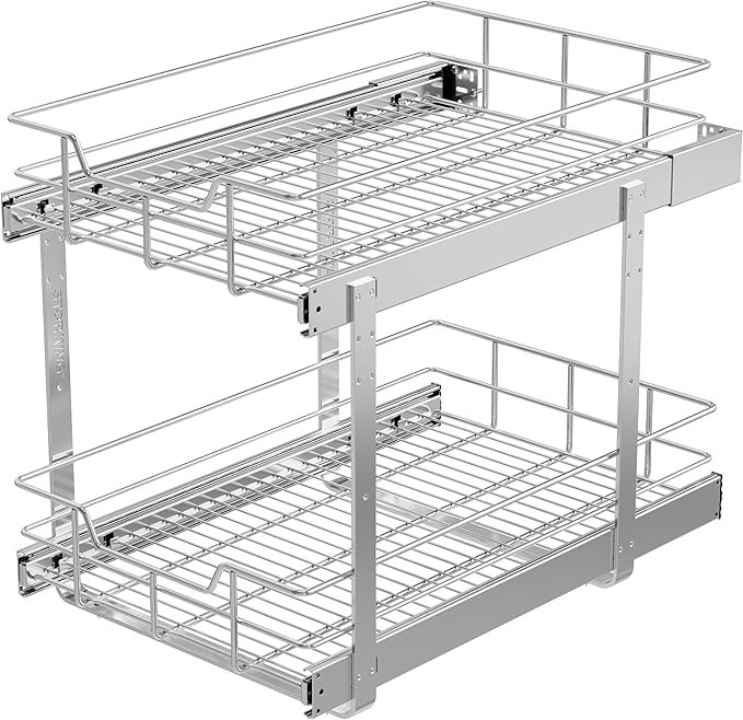 2 Tier Pull Out Cabinet Organizer 14" W X 22" D, Slide Out Drawers For Kitchen Cabinets, Pull Out Drawers For Cabinets Capacity Heavy Duty Caddy, Cabinet Pullout Shelves Chrome-Plated,Bathroom Pantry by STORKING