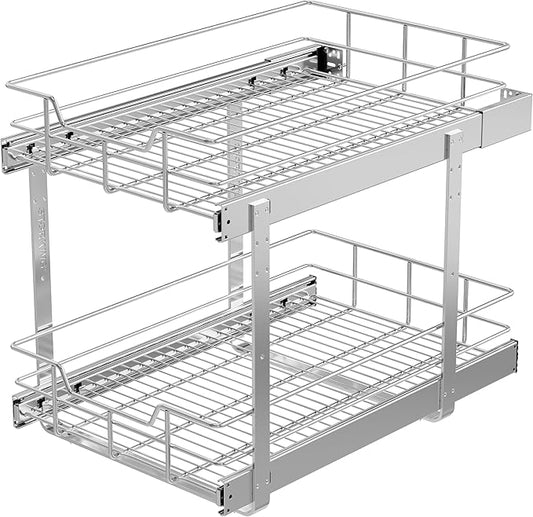 2 Tier Pull Out Cabinet Organizer 14" W X 22" D, Slide Out Drawers For Kitchen Cabinets, Pull Out Drawers For Cabinets Capacity Heavy Duty Caddy, Cabinet Pullout Shelves Chrome-Plated,Bathroom Pantry by STORKING