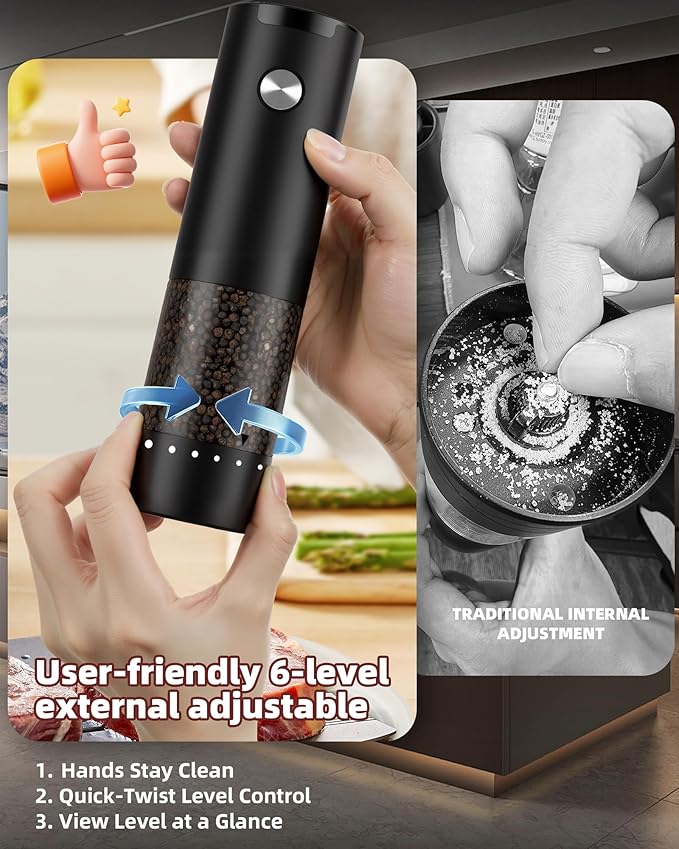 Electric Salt and Pepper Grinder Set, Automatic Battery Salt and Pepper Shakers，6 Adjustable Coarseness with LED, 100ml Upgraded Larger Capacity Pepper Mill Shakers for Kitchen, Dining and Gifts