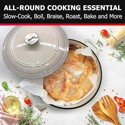 MUELLER HOME 7.5 QT Enameled Cast Iron Dutch Oven, Heavy-Duty Casserole Dish and Braiser Pan with Lid and Stainless Knob, Oven-Safe up to 500° F & Across All Cooktops, Oyster White - Image 6