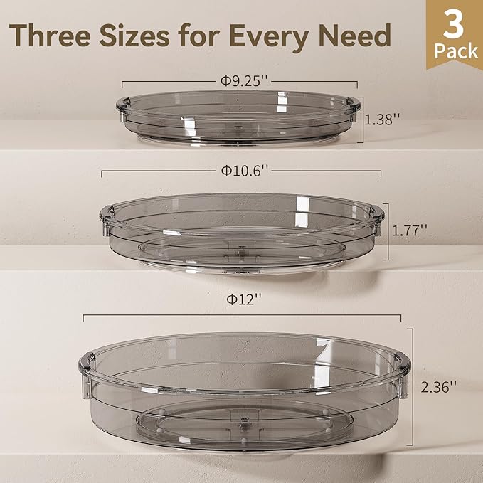 LAMU 3 Pack Lazy Susan Organizer Turntable for Cabinet, Condiment Organizer for Kitchen Pantry Organizers and Storage, Table Top, Fridge, Countertop, Spice Organization, 12'' 10.6'' 9.25'', Grey - Image 6