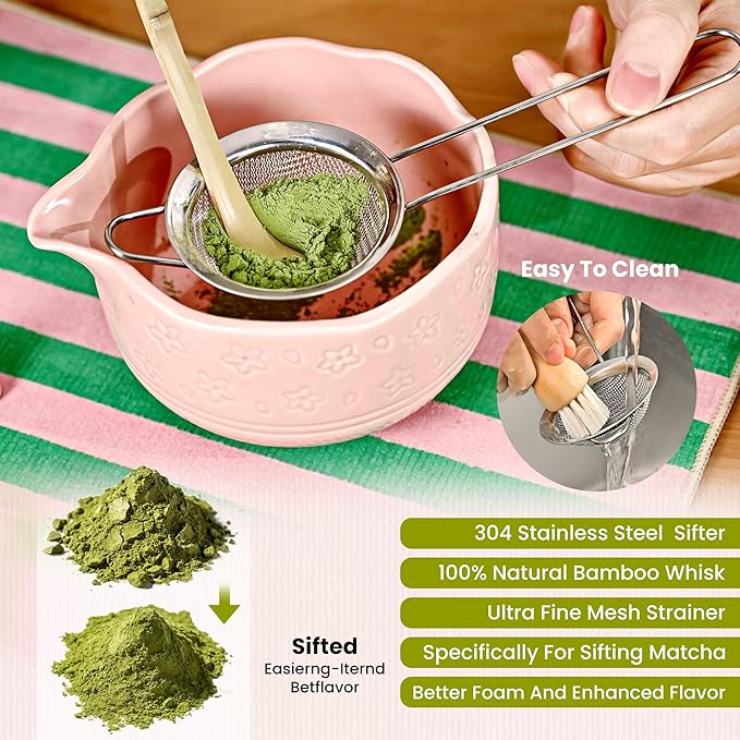 NOVANIA Pink Matcha Whisk Set - 10Pcs Premium Japanese Bamboo Matcha Kit with Bowl, Whisk Holder, Scoop, Sifter, Scoop Holder, Tea Cloth, Canister, Straw and Brush - Complete Set for Tea Lovers