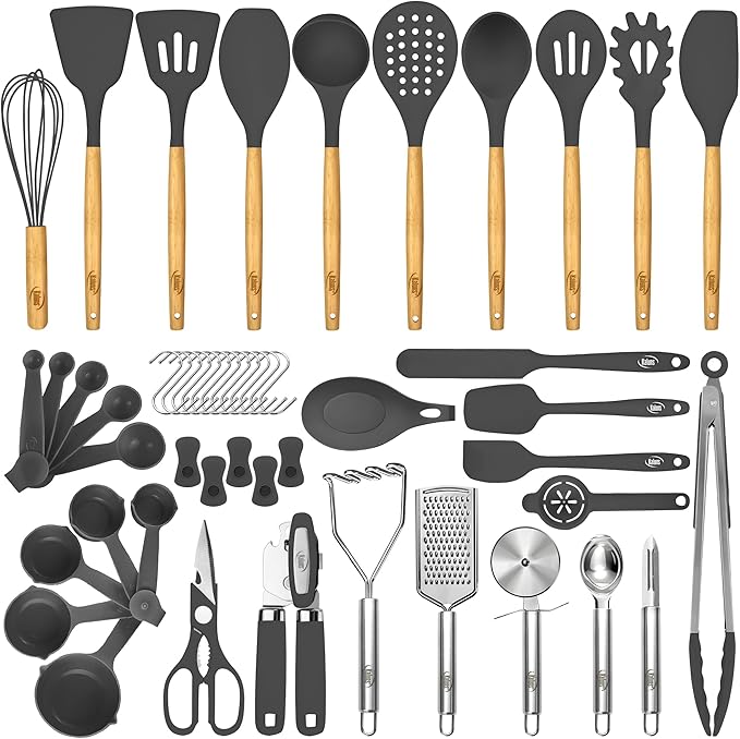 Kaluns 50 PCS Silicone Kitchen Utensils Set Complete Kitchen Set - 800°F Heat Resistant Non-Stick Premium Cooking Utensils W Wooden Handles - Can Opener, Masher, Turner, Silicone Spatula Set - Image 9