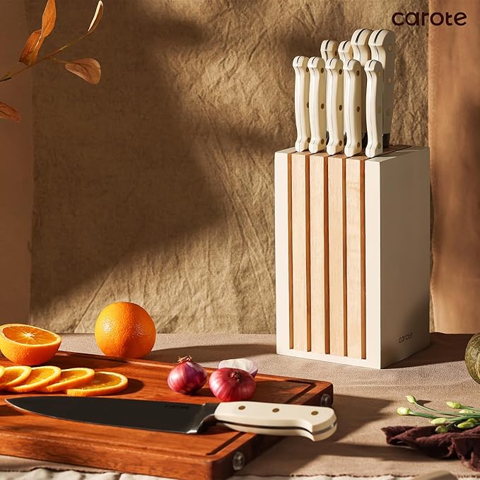 CAROTE 11 Pieces Knife Set with Block for kitchen, Stainless Steel Razor-Sharp Blade, Triple Riveted Ergonomic Handle, Wooden Magnetic Block, Essential Knife Block Set, Beige - Image 8